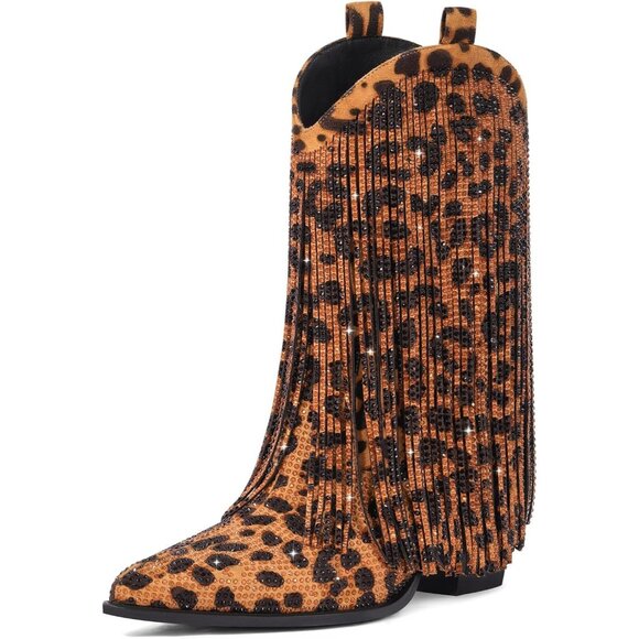 Women's Leopard Rhinestone Sparkly Fringe Chunky Heel Pointed Toe Ankle Boots - Picture 1 of 7